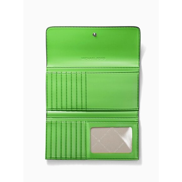 New Michael Kors Jet Set Travel Large Logo Trifold Wallet Jungle Green Multi - Picture 2 of 3